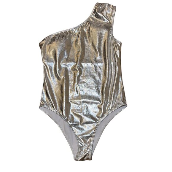 Women's Silver Metallic One Shoulder One Piece Bodysuit Size: Small - Picture 3 of 7